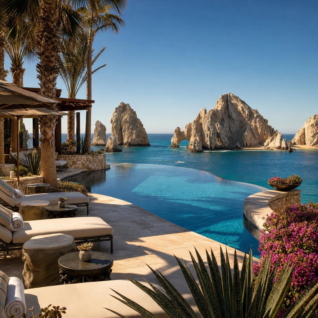 Infinity pool overlooking the Cabo San Lucas arch and turquoise Sea of Cortez