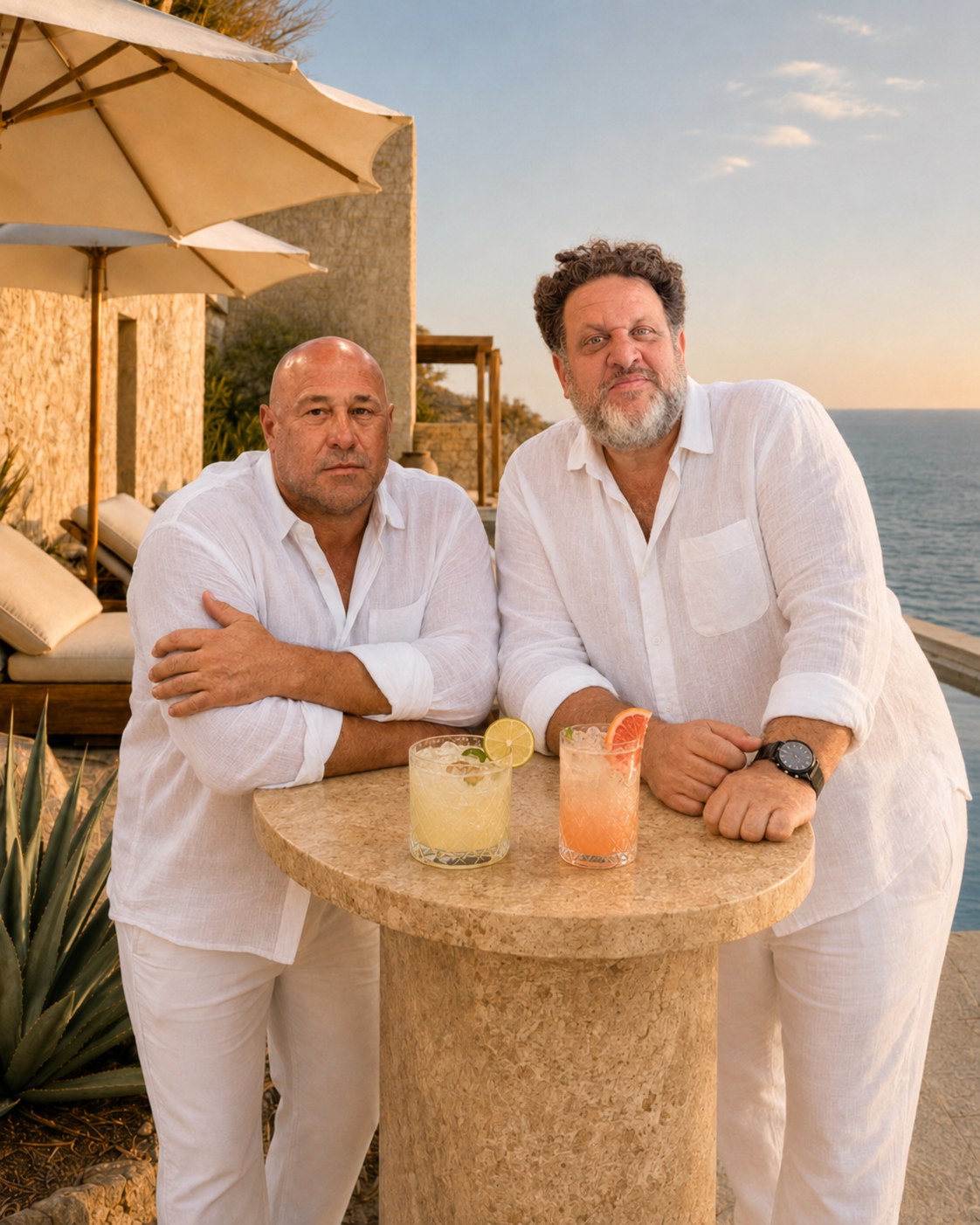 Josh and Aaron at sunset by the pool overlooking the ocean in Cabo San Lucas