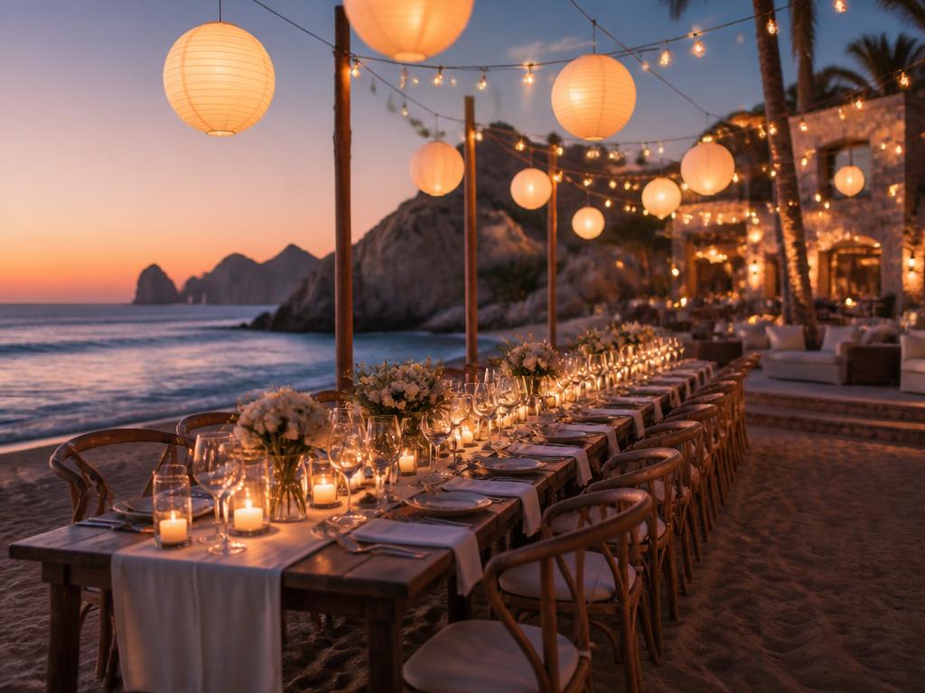 Elegant beach dinner at sunset with glowing lanterns and candlelit tables on the sand