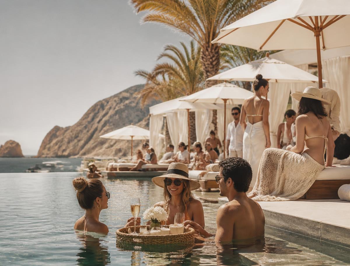 Poolside party at a luxury Cabo resort with guests toasting in an infinity pool