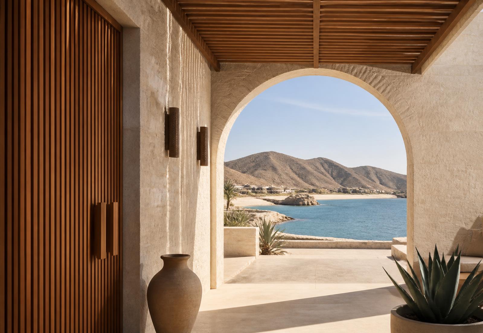 Arched limestone breezeway framing a calm blue bay and desert hills